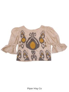 Bombay Paisley Printed Puff Sleeve Blouse XXS Neutral Boho Chic